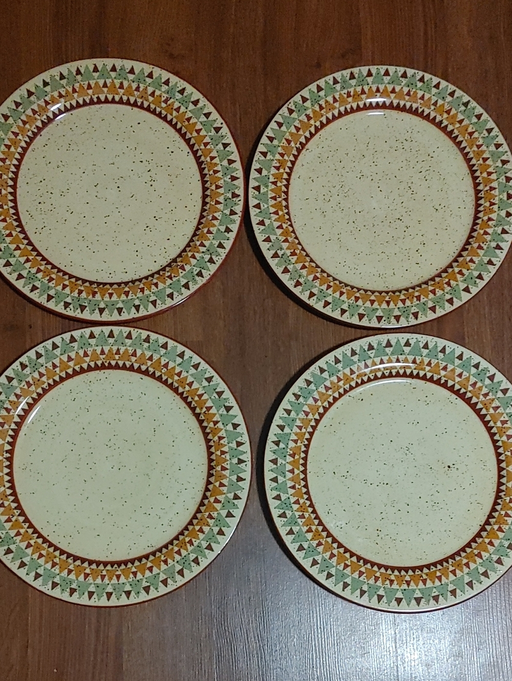 Pfaltzgraff Cream Dinner Plates with Green & Rust Geometric Trim